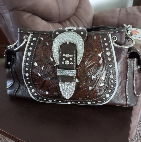 Brown Western style rhinestone concealed carry shoulder bag handbag. - Picture 2 of 10